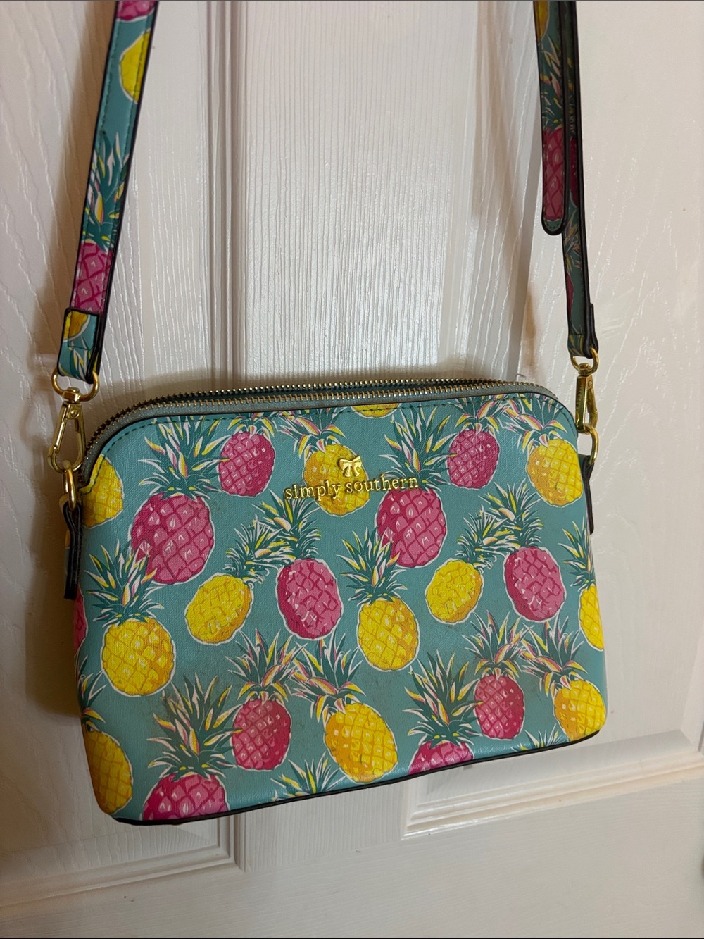 Simply Southern Teal Crossbody with Yellow & Pink Pineapples